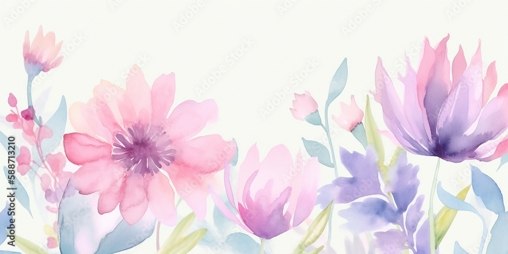 AI generated watercolor blank greeting card template beautiful flowers around. Generative AI.