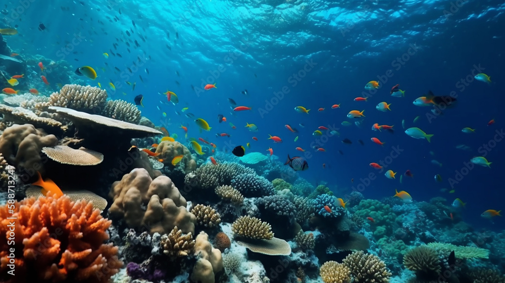 Fototapeta premium Under Water Scene With Coral Reef And Exotic, Fishes tropical And Sunshine ,Generative AI, illustration