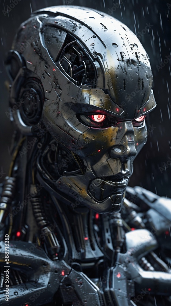 Robot portrait in the rain. Generative AI Robot portrait in the rain. Generative AI