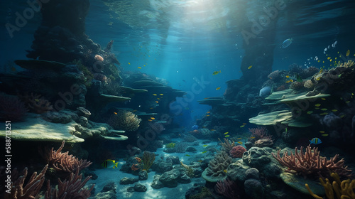 Under Water Scene With Coral Reef And Exotic  Fishes tropical And Sunshine  Generative AI  illustration