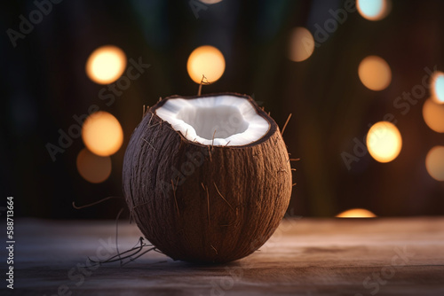 Sliced Coconut on Wooden Table with Blurred Bokeh Background © artefacti