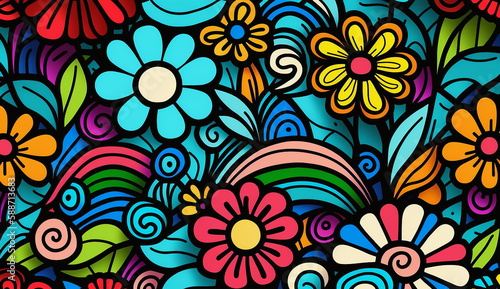Cartoon cute doodles flowers seamless pattern Generative AI