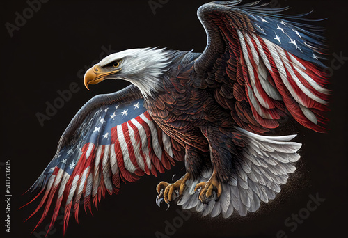 Soaring eagle with the image of the American flag on the wings - Generative AI