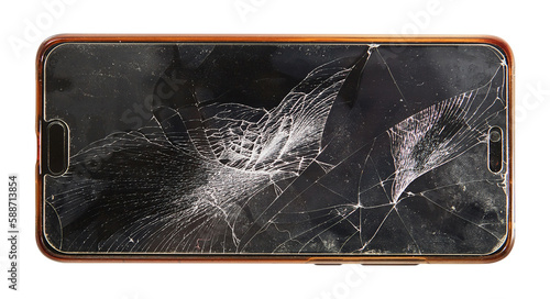 Smartphone with broken display isolated on white background.
