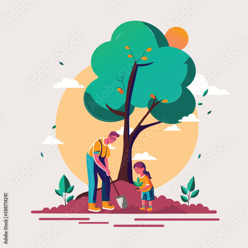 Young Man And His Daughter Character Gardening Together On Sunny Nature Background.