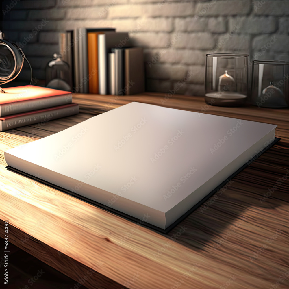 Close View Of Blank Cardboard With Books And Lighting Lamps On Wooden Table In Dark Background. Close View Of Blank Cardboard With Books And Lighting Lamps On Wooden Table In Dark Background.