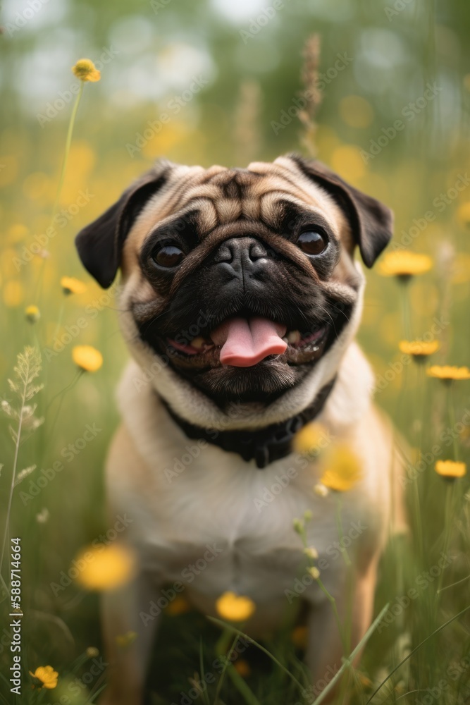 Fototapeta premium An adorable pug with a happy expression, discovering a wild meadow and its flowers. Capturing the spontaneity and playfulness of the moment. Created with generative A.I. technology.