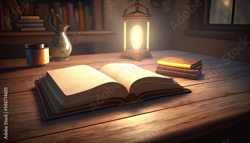 3D Render Of Open Book, Burning Lamp With Tea And Coffee Cup On Wooden Desk In Dark Background For Study Room Concept.