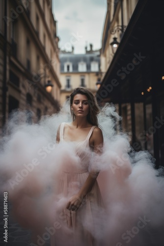 Ethereal moment of a young woman in a street canyon wearing a pale pink dress and stands in a cloud made of liquid smoke. Created with generative A.I. technology.