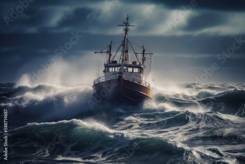 A dramatic photography of a fishing trawler battling through a violent storm on the high seas. Power and intensity of the waves crashing against the boat. Created with generative A.I. technology. © ahoi!