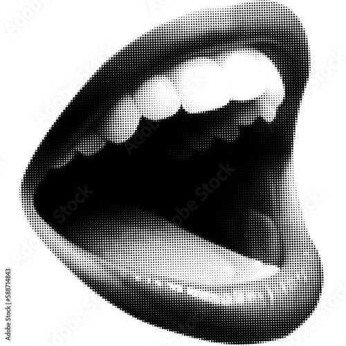 Opened woman lips as retro halftone collage elements for mixed media design. Mouth in scream in halftone texture, dotted pop art style. Vector illustration of vintage grunge punk crazy art templates. photo