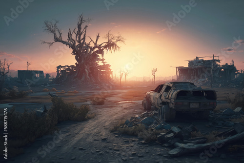 Post-apocalypse: The End of the World. Rusty car and terribly ruined landscape | Generative AI Production