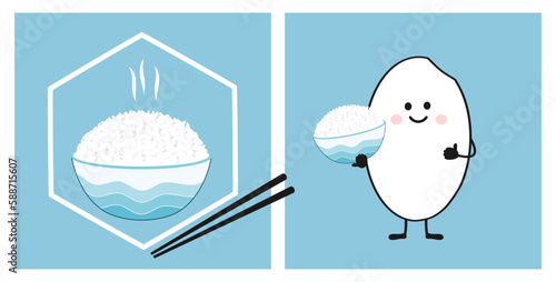 Rice bowl with chopsticks and rice seed cartoon on blue backgrounds vector illustration.