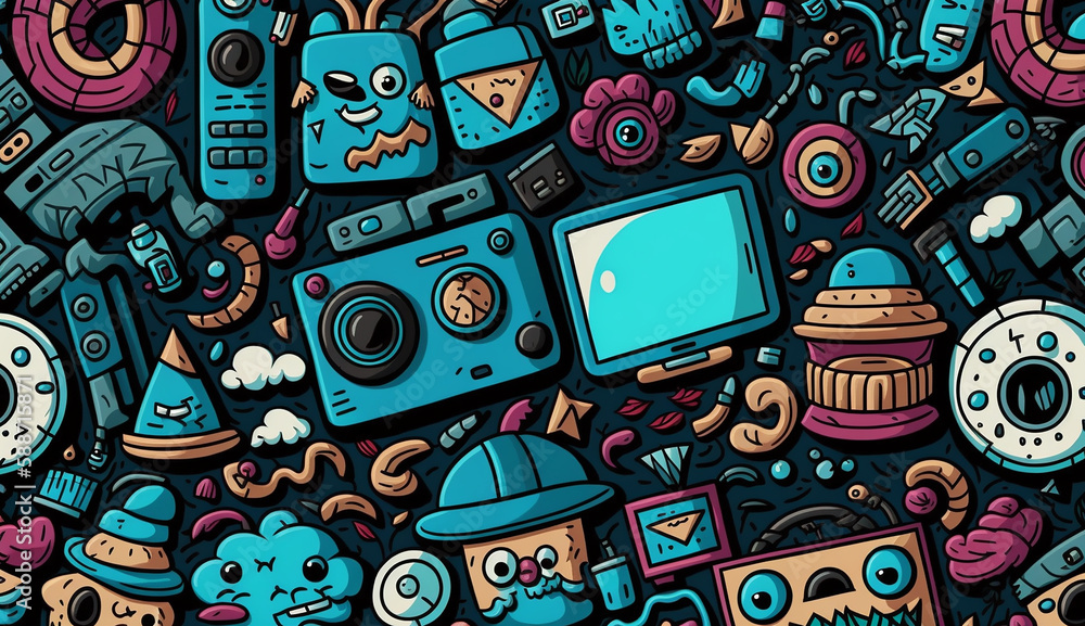 Obraz premium Cartoon cute doodles gadget seamless pattern Generative AI