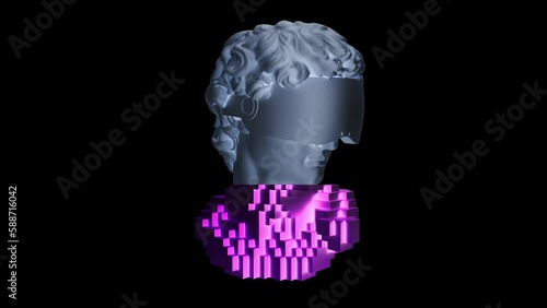 3D Colorful Pixelated Rotating David Head In VR Glasses Animation. Glitch Effect. Abstract Futuristic  Sculpture In Modern Art Style. NFT Cryptoart Concept. 4K