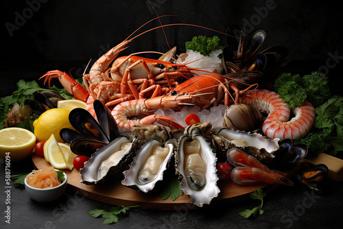 AI generated image, close up of large assortment of seafood