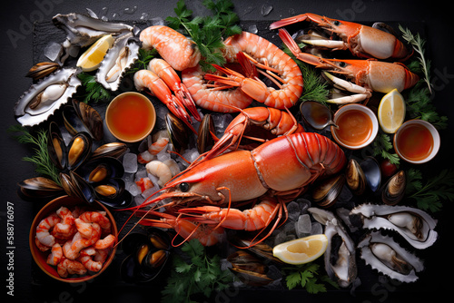 AI generated image, close up of large assortment of seafood