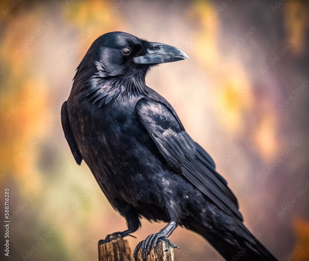 Crow or raven on post with blurred background Crow or raven on post with blurred background
