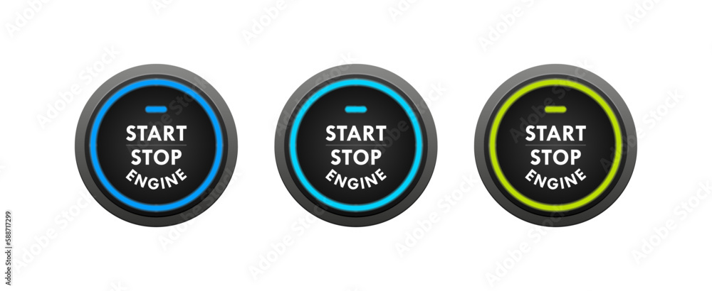 Start stop engine button set. Engine starting and stopping system. Switch for motor vehicles. Vector illustration