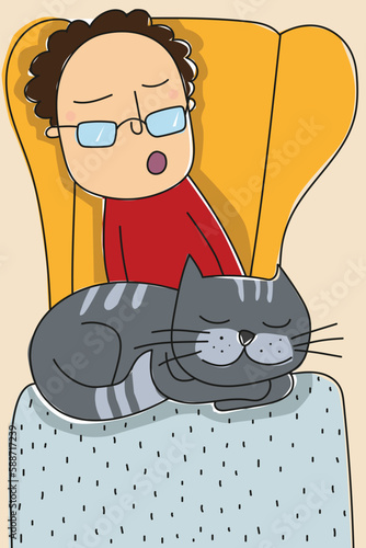 Man and cat sleeping on the couch