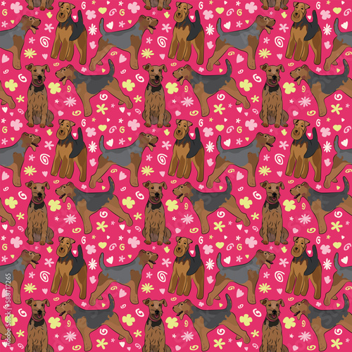Spring pattern with spirals, leaf, flowers, welsh terrier dogs. Pastel colors. Elegant, soft seamless background, abstract summer pattern with hand-drawn colorful shapes. Delicate, gender-neutral.