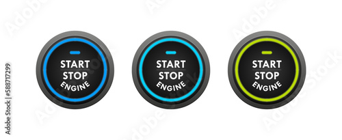 Start stop engine button set. Engine starting and stopping system. Switch for motor vehicles. Vector illustration