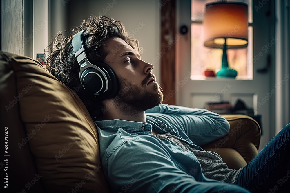 Chilling at Home: Relaxed Man Enjoying Music - Portrait Concept. Generative AI Chilling at Home: Relaxed Man Enjoying Music - Portrait Concept. Generative AI