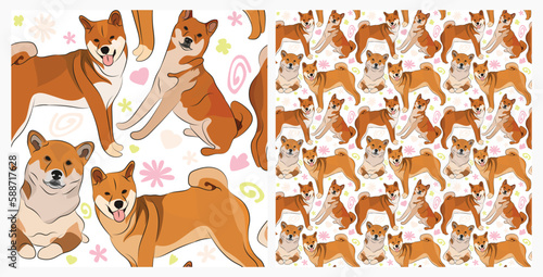 Spring pattern with spirals, leaf, flowers, Shiba Inu dogs. Pastel colors. Elegant, soft seamless background, abstract summer pattern with hand-drawn colorful shapes. Delicate, gender-neutral.