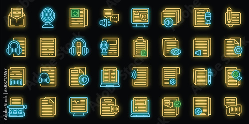Transcription icons set outline vector. Court career. Audio voice neon color on black