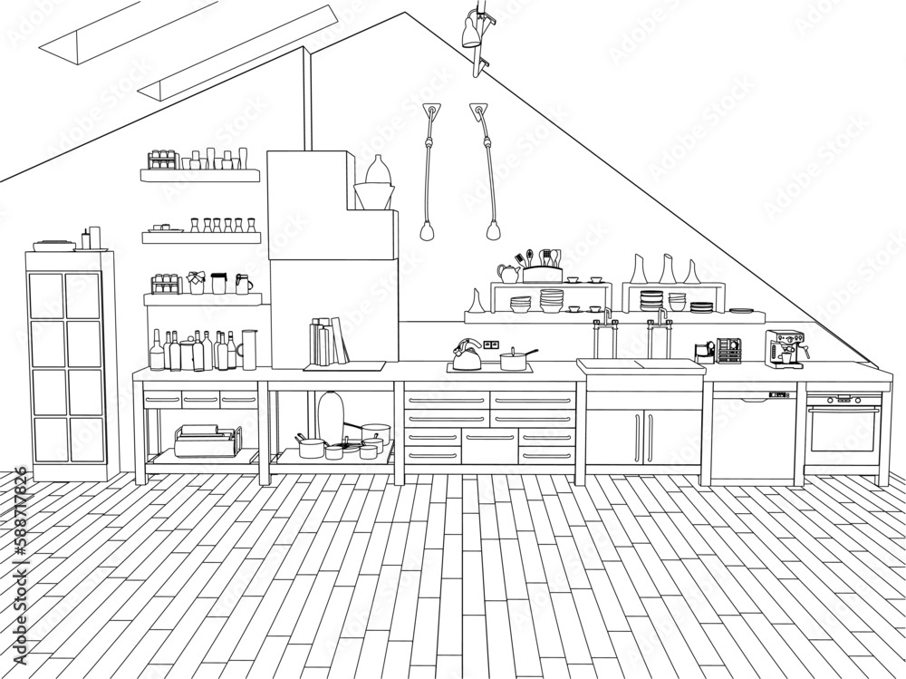 Outline of a large kitchen with black line fittings isolated on a white background. 3D. Vector illustration.