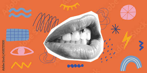 Contemporary art collage with female open mouth. Female halftone lips with tongue and piercing.Trendy vector pieces. Creative collage in Y2K style for social media, card, print on clothes. 