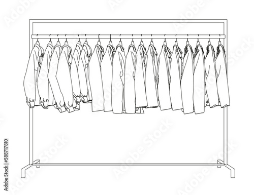Outline of clothes hanging on hangers from black lines isolated on white background. Side view. 3D. Vector illustration.
