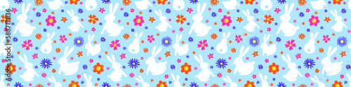 Easter pattern with bunnies and flowers. Banner. Vector illustration