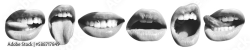 Set with halftone lips. Female lips with tongue and piercing.Trendy vector  pieces. Modern forms for card, print on clothes. Creative collage.