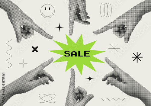 Halftone poster with hands. Trendy vector pieces. SALE banner. Modern art collage with hand. Trendy vector pieces. Creative collage in Y2K style