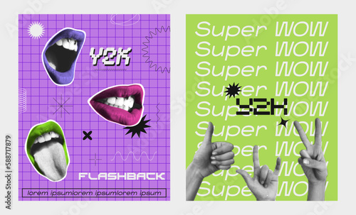 Contemporary art collage with female open mouth. Female halftone lips with tongue and piercing. Trendy vector pieces. Creative collage in Y2K style for social media, card, print on clothes. 