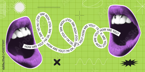 Contemporary art collage with female open mouth. Female halftone lips with tongue and piercing. Trendy vector pieces. Creative collage in Y2K style for social media, card, print on clothes. 