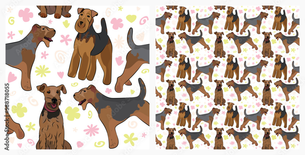 Spring pattern with spirals, leaf, flowers, welsh terrier dogs. Pastel colors. Elegant, soft seamless background, abstract summer pattern with hand-drawn colorful shapes. Delicate, gender-neutral.