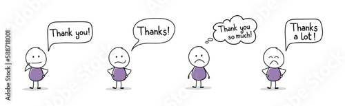 Sad cartoon people with text - thank you, thanks. Vector