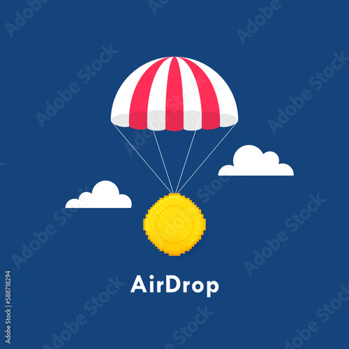 Crypto airdrop with parachute and coin. Concept of giveaway and promotion crypto coins and NFT. Vector illustration