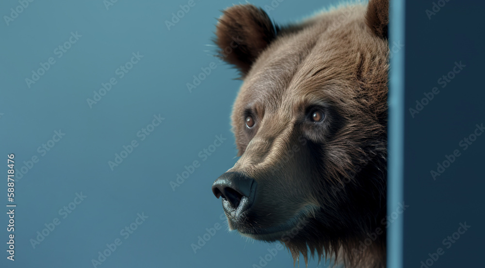 bear close-up, peeking out from behind a wooden vertical board, on a blue background, banner, space for text. AI generated bear close-up, peeking out from behind a wooden vertical board, on a blue background, banner, space for text. AI generated