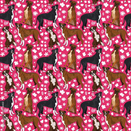 Spring pattern with spirals, leaf, flowers, boxer dogs. Pastel colors. Elegant, soft seamless background, abstract summer pattern with hand-drawn colorful shapes.Delicate, gender-neutral, child's room