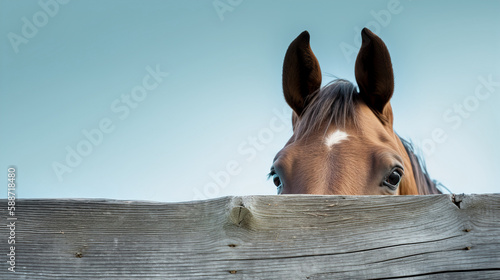 close-up horse peeking out from behind a wooden horizontal plank, on a pale blue background, banner, space for text. AI generated photo