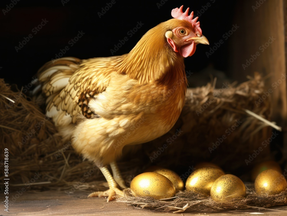 laying hen incubates golden eggs on the farm.many golden eggs