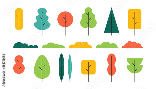 Simple trees bushes. Cartoon forest plants with foliage, minimal shrub botanical garden nature elements. Vector flat set