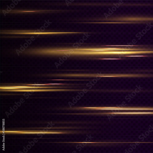 Golden luminous dust and glares. Flash Light. Abstract stylish light effect on a black background. Gold glowing neon line. luminous trail. Vector illustration