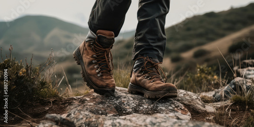 Man hiking up a mountain trail with a close-up of his leather hiking boots. The hiker shown in motion, with one foot lifted off the ground and the other planted on the mountain trail. Generative AI © Bartek