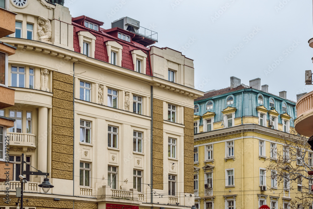 Obraz na płótnie Facades of historical buildings in the center of Sofia, the capital of Bulgaria. w salonie