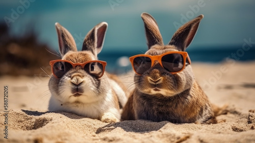 Easter bunnies on holiday on the beach by the sea - Generative AI