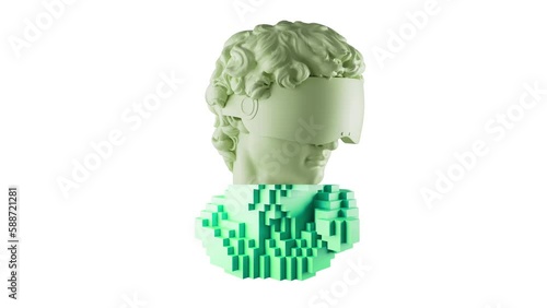 3D Colorful Pixelated Rotating David Head In VR Glasses Animation. Glitch Effect. Abstract Futuristic  Sculpture In Modern Art Style. NFT Cryptoart Concept. 4K